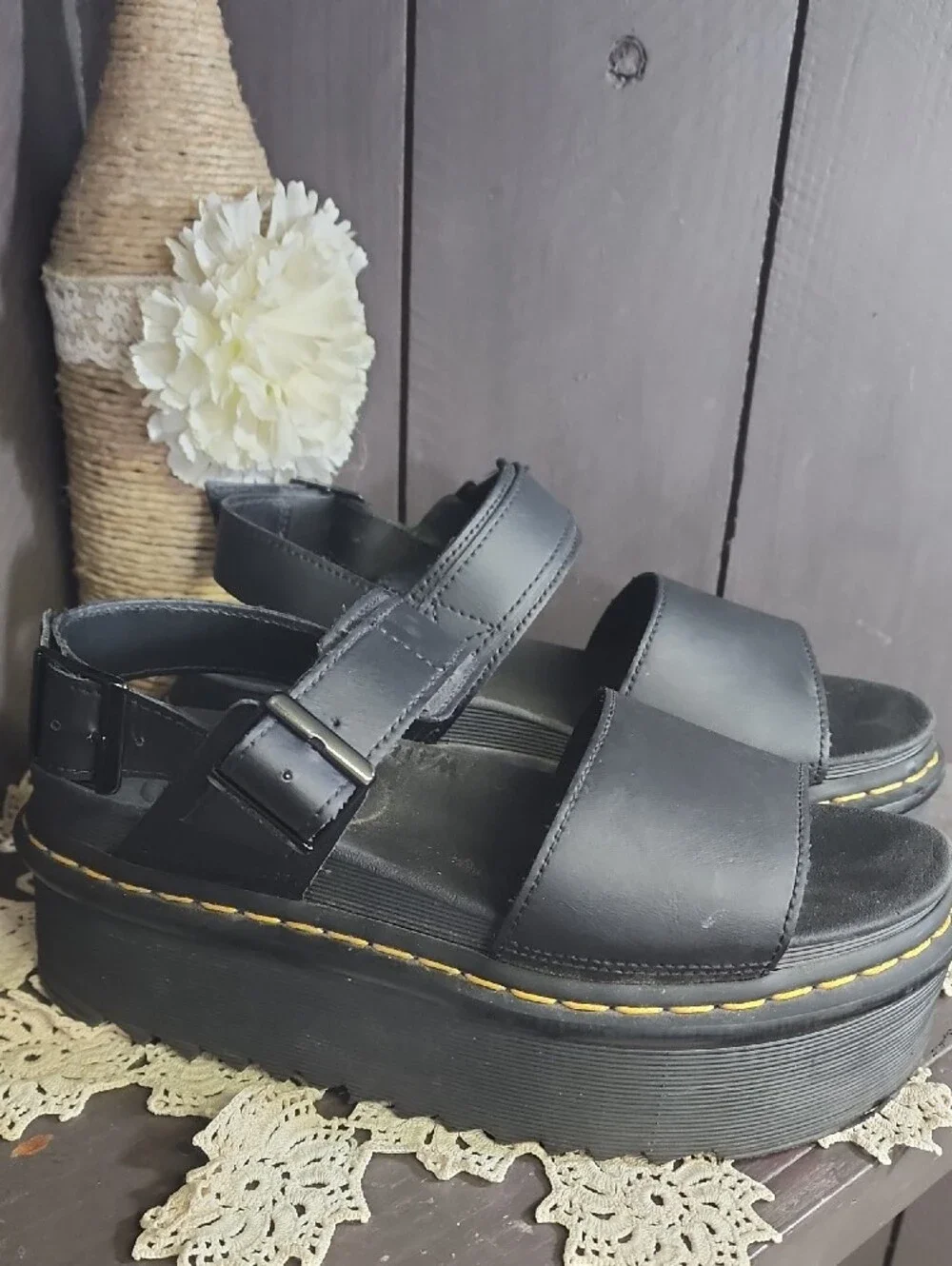 Dr. Martens Black Platform Sandals with Yellow Stitching
